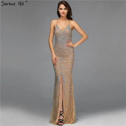 Gold Backless Mermaid Sexy Abendkleider 2025 Dubai Kristall Perlen Luxus Formale Kleid Design LA70165 