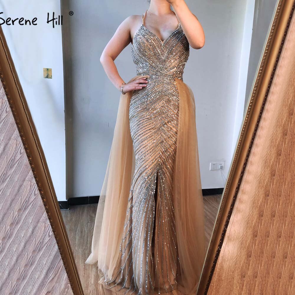 Gold Backless Mermaid Sexy Abendkleider 2025 Dubai Kristall Perlen Luxus Formale Kleid Design LA70165 