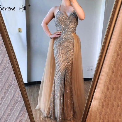 Gold Backless Mermaid Sexy Abendkleider 2025 Dubai Kristall Perlen Luxus Formale Kleid Design LA70165 