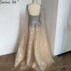 Verkauf Gold Backless Sexy Luxus Abendkleider 2025 Dubai Kristall Ärmelloses A-linie Formale Kleid LA70290 