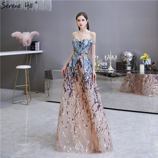 Goldblaue Pailletten Ärmellose Sexy Abendkleider 2025 Off Shoulder Sparkle A-Linie Abendkleid LA70373 