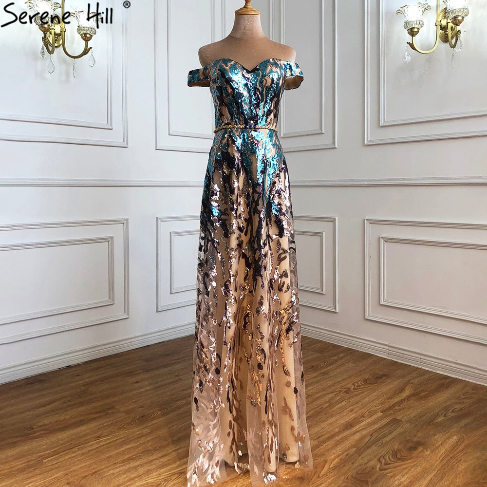 Goldblaue Pailletten Ärmellose Sexy Abendkleider 2025 Off Shoulder Sparkle A-Linie Abendkleid LA70373 
