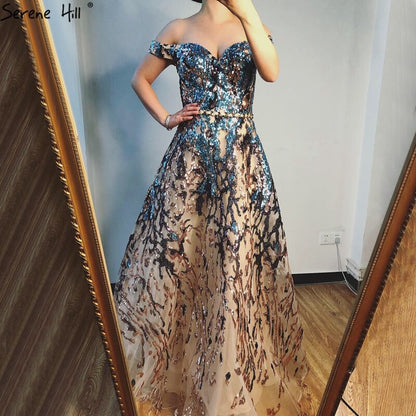 Goldblaue Pailletten Ärmellose Sexy Abendkleider 2025 Off Shoulder Sparkle A-Linie Abendkleid LA70373 