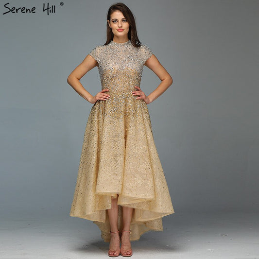 Gold High Neck Luxus Asymmetrische Abendkleider 2025 Perlen Pailletten Ärmellose Abendkleider LA60757 