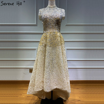 Gold High Neck Luxus Asymmetrische Abendkleider 2025 Perlen Pailletten Ärmellose Abendkleider LA60757 