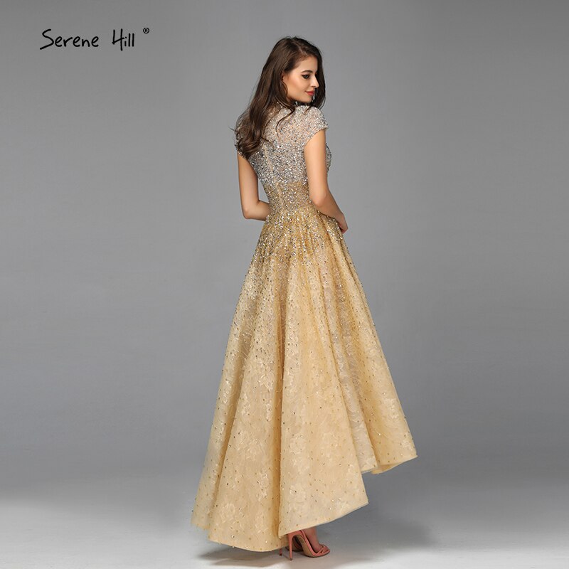 Gold High Neck Luxus Asymmetrische Abendkleider 2025 Perlen Pailletten Ärmellose Abendkleider LA60757 