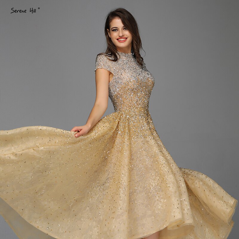 Gold High Neck Luxus Asymmetrische Abendkleider 2025 Perlen Pailletten Ärmellose Abendkleider LA60757 
