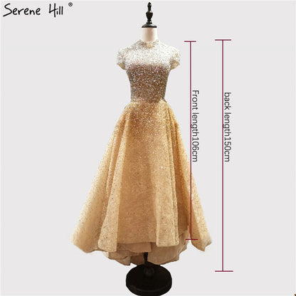 Gold High Neck Luxus Asymmetrische Abendkleider 2025 Perlen Pailletten Ärmellose Abendkleider LA60757 