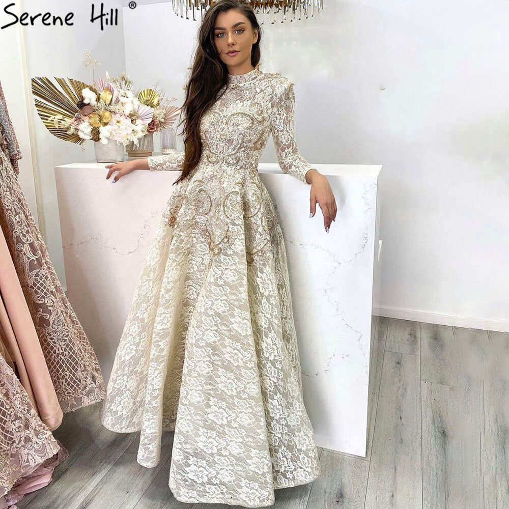 Gold High Neck Luxus Asymmetrische Abendkleider 2025 Flügelärmeln Spitze Perlen Abendkleider LA70227 