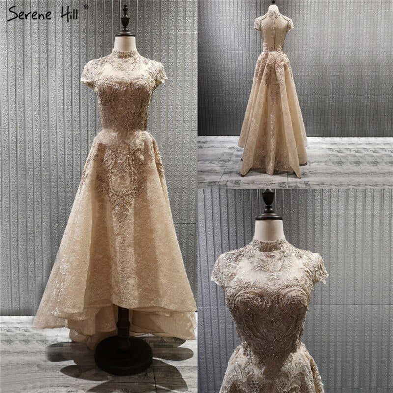 Gold High Neck Luxus Asymmetrische Abendkleider 2025 Flügelärmeln Spitze Perlen Abendkleider LA70227 