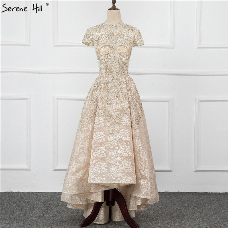 Gold High Neck Luxus Asymmetrische Abendkleider 2025 Flügelärmeln Spitze Perlen Abendkleider LA70227 