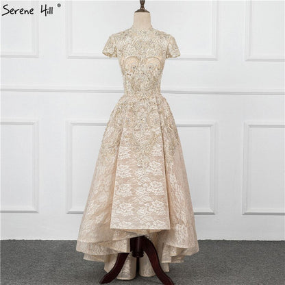 Gold High Neck Luxus Asymmetrische Abendkleider 2025 Flügelärmeln Spitze Perlen Abendkleider LA70227 