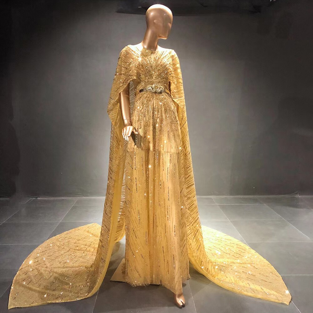 Vestidos de noche dorados de lujo, corte A, 2025, elegantes, con cuentas y mangas estilo capa para mujer, fiesta LA71502 