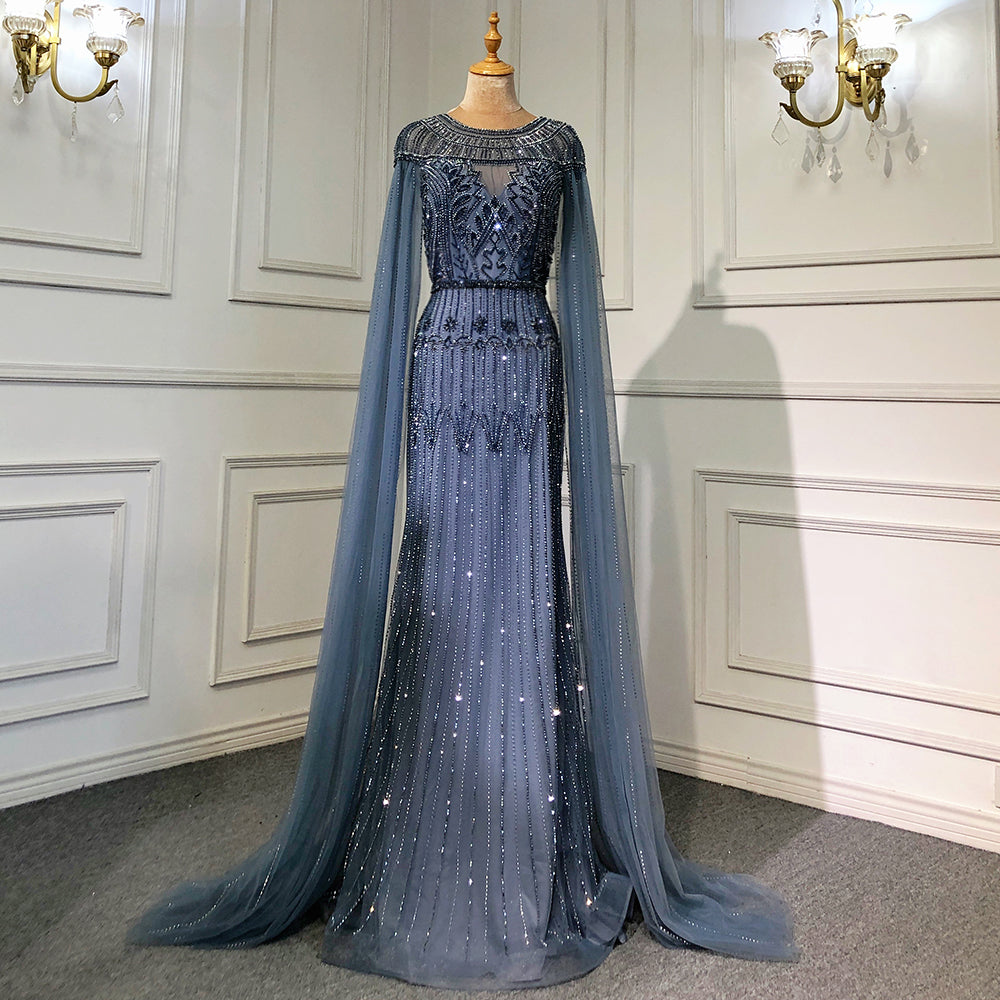 Gold Luxury Arabic Cape Sleeves Evening Dresses Gowns 2025 Beaded Mermaid For Women Party LA71620