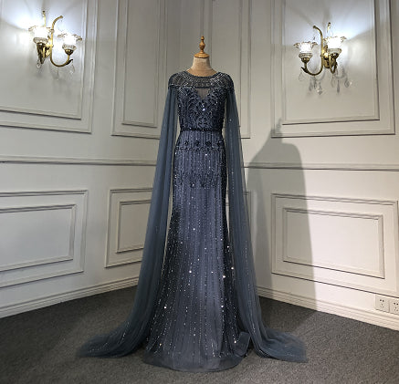Gold Luxus Arabisch Cape Ärmeln Abendkleider Kleider 2025 Perlen Meerjungfrau Für Frauen Party LA71620 
