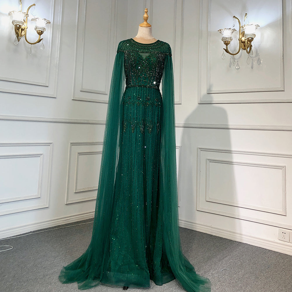 Gold Luxury Arabic Cape Sleeves Evening Dresses Gowns 2025 Beaded Mermaid For Women Party LA71620
