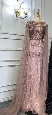 Gold Luxury Arabic Cape Sleeves Evening Dresses Gowns 2025 Beaded Mermaid For Women Party LA71620