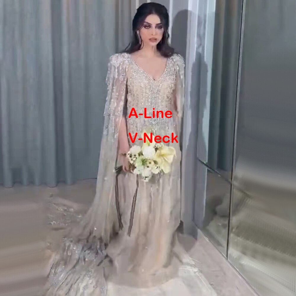 Gold Luxus Cape Sleeve Abendkleider Kleider 2025 Perlen A-Line High-end Für Frauen Party LA71463A 