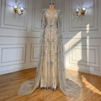 Vestidos de noche de lujo dorados con mangas tipo capa, 2025, con cuentas, corte en A, alta gama para mujer, fiesta, alta costura, LA71463A 