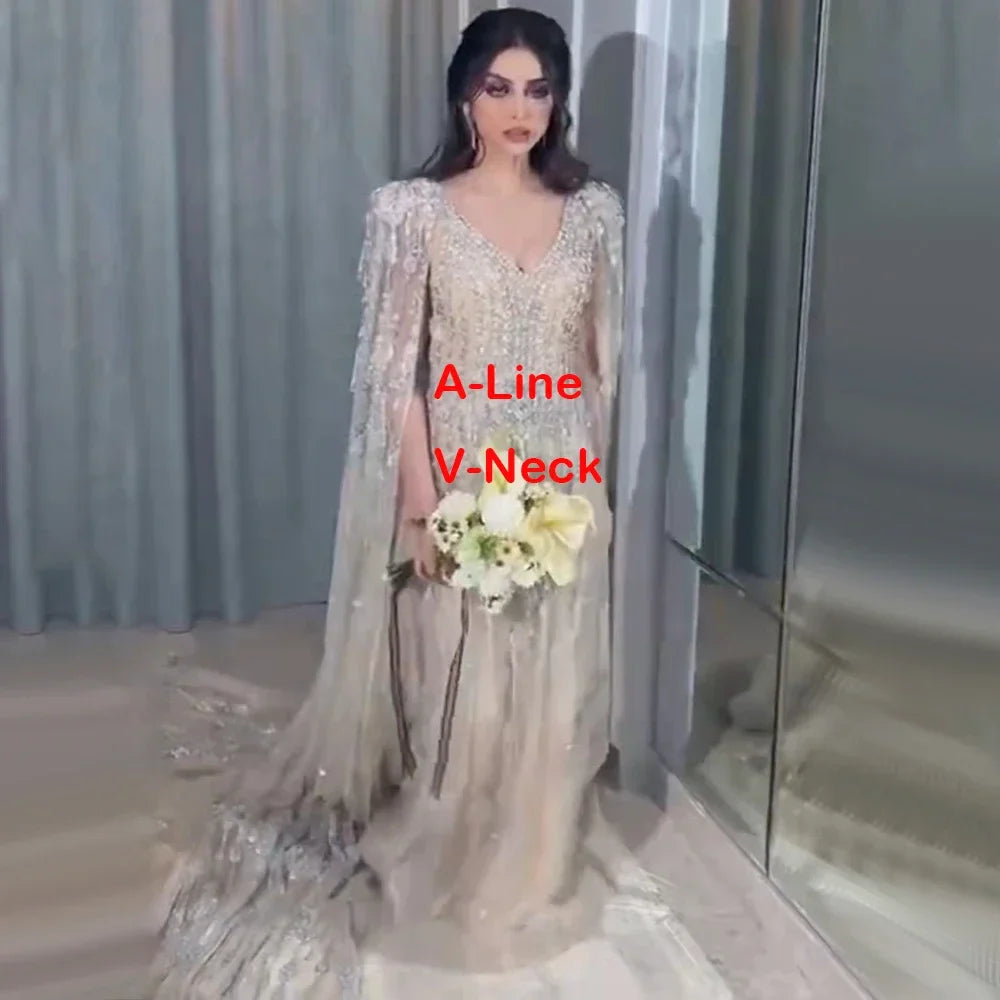 Vestidos de noche de lujo dorados con mangas tipo capa, 2025, con cuentas, corte en A, alta gama para mujer, fiesta, alta costura, LA71463A 