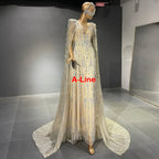 Vestidos de noche de lujo dorados con mangas tipo capa, 2025, con cuentas, corte en A, alta gama para mujer, fiesta, alta costura, LA71463A 