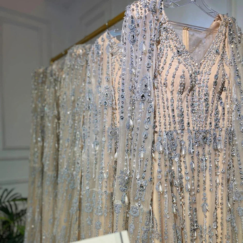 Vestidos de noche de lujo dorados con mangas tipo capa, 2025, con cuentas, corte en A, alta gama para mujer, fiesta, alta costura, LA71463A 
