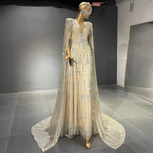 Gold Luxus Cape Sleeve Abendkleider Kleider 2025 Perlen A-Line High-end Für Frauen Party Couture LA71463 