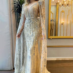 Vestidos de noche dorados de lujo con mangas largas y cuentas, corte en A, alta gama para mujer, fiesta, alta costura, LA71463 