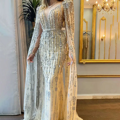 Gold Luxus Cape Sleeve Abendkleider Kleider 2025 Perlen A-Line High-end Für Frauen Party Couture LA71463 