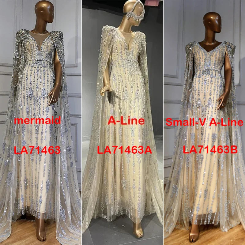 Vestidos de noche dorados de lujo con mangas largas y cuentas, corte en A, alta gama para mujer, fiesta, alta costura, LA71463 