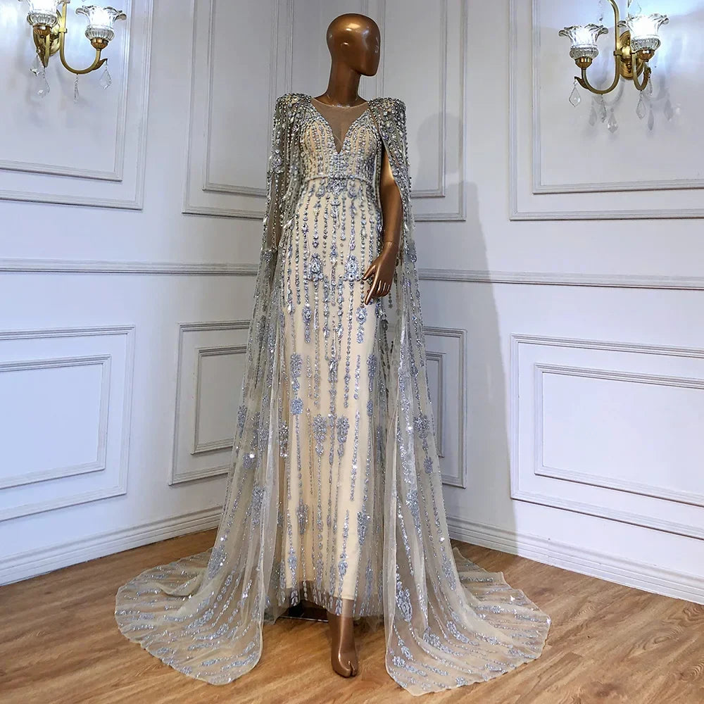 Vestidos de noche dorados de lujo con mangas largas y cuentas, corte en A, alta gama para mujer, fiesta, alta costura, LA71463 