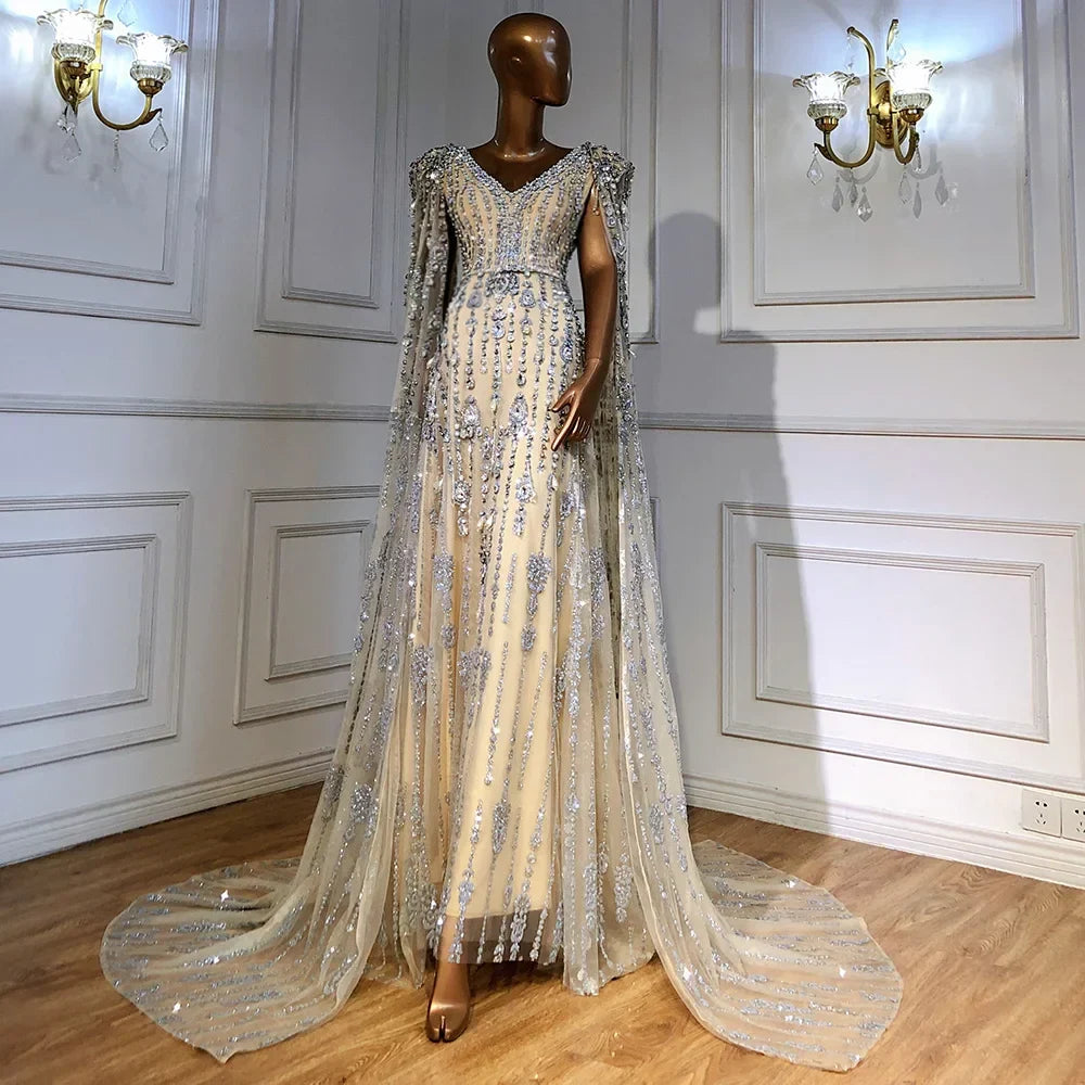 Gold Luxus Cape Sleeve Abendkleider Kleider 2025 Perlen A-Line High-end Für Frauen Party Couture LA71463 