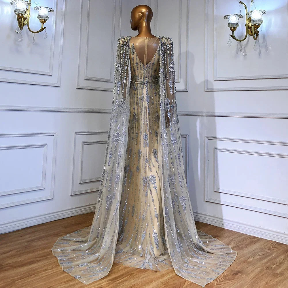 Gold Luxus Cape Sleeve Abendkleider Kleider 2025 Perlen A-Line High-end Für Frauen Party Couture LA71463 