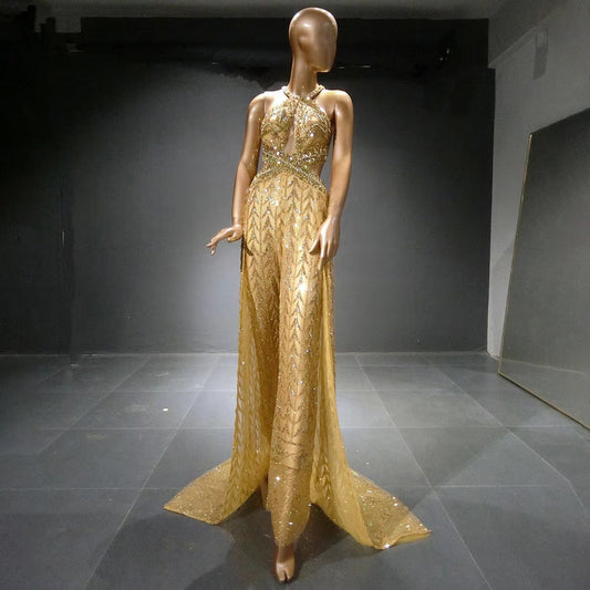 Gold Luxus Overall Abendkleider Kleider 2025 Perlen Sexy Überrock Für Frauen Party LA71505 
