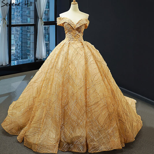 Gold Luxus Off Schulter Sexy Brautkleider 2025 Neueste Design Handgemachte Blumen Perlen Brautkleider HM66844 Nach Maß 