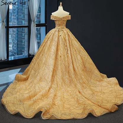 Gold Luxus Off Schulter Sexy Brautkleider 2025 Neueste Design Handgemachte Blumen Perlen Brautkleider HM66844 Nach Maß 