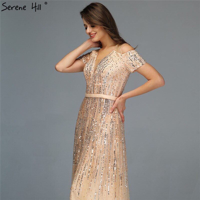 Sale Gold Luxury Sexy V-Neck Evening Dressese 2025 Short Sleeve Beading Sequined A-Line Evening Gowns LA70151