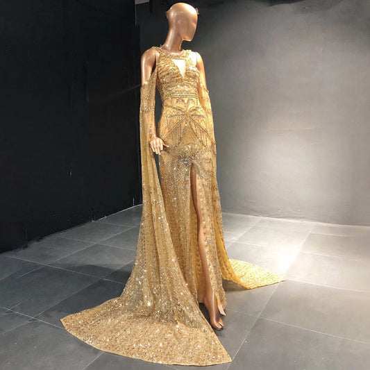 Gold Meerjungfrau Elegante High Split Abendkleider Kleider 2025 Perlen Luxus Cape Sleeve Für Frauen Party LA71503 