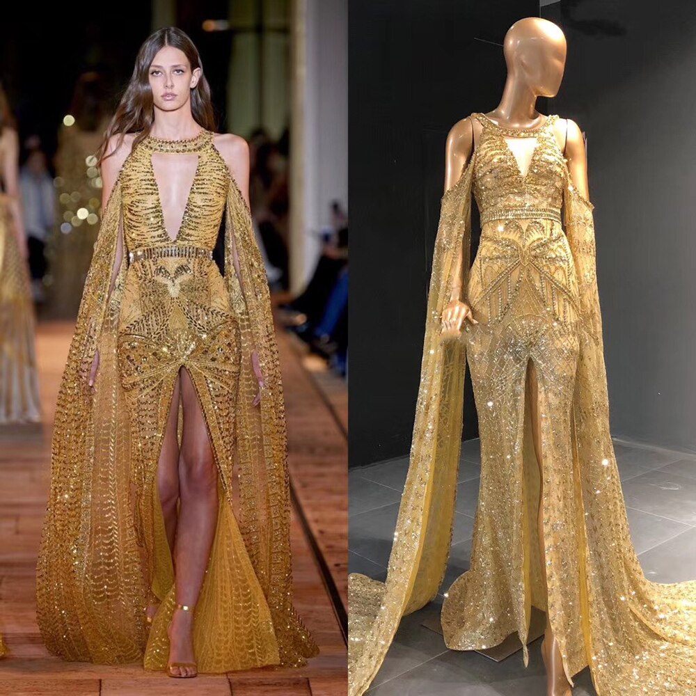 Gold Meerjungfrau Elegante High Split Abendkleider Kleider 2025 Perlen Luxus Cape Sleeve Für Frauen Party LA71503 