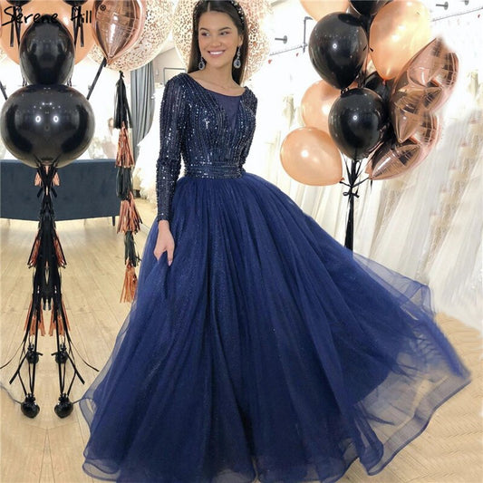 Gold O-Ausschnitt Pailletten Perlen A-Linie Abendkleider Design 2025 Lange Ärmel Schnürung Formales Kleid LA70237 