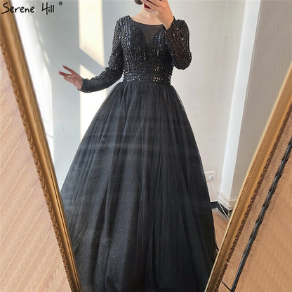 Gold O-Ausschnitt Pailletten Perlen A-Linie Abendkleider Design 2025 Lange Ärmel Schnürung Formales Kleid LA70237 
