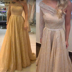 En oferta, sin devolución ni reembolso. Vestidos de noche Dubai sexys dorados de un solo hombro 2025, mangas largas, vestido formal de lujo con brillo en forma de A LA70329 