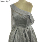 En oferta, sin devolución ni reembolso. Vestidos de noche Dubai sexys dorados de un solo hombro 2025, mangas largas, vestido formal de lujo con brillo en forma de A LA70329 