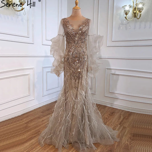 Gold Blütenblatt Langarm Meerjungfrau Abendkleider 2025 Luxus Sparkl Pailletten Perlen Sexy Formale Kleid LA70410 