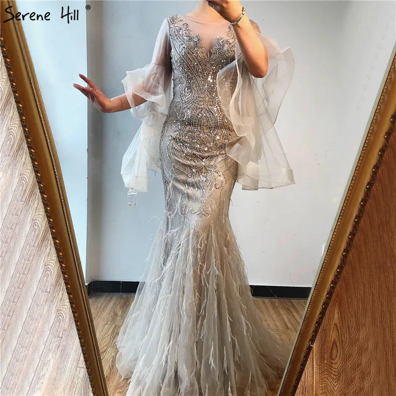 Vestido de noche estilo sirena con mangas largas y pétalos dorados, 2025, de lujo, con lentejuelas brillantes y cuentas, vestido formal sexy LA70410 