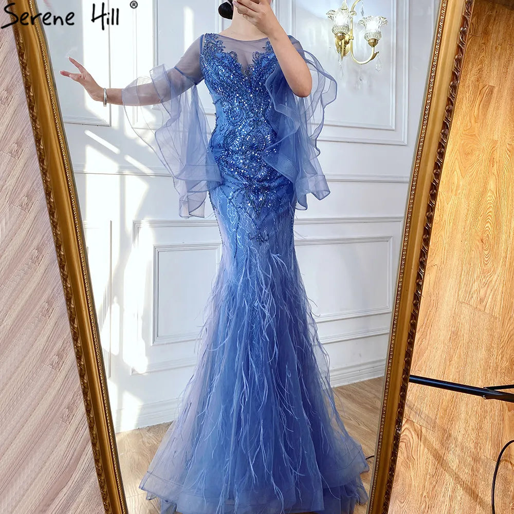 Vestido de noche estilo sirena con mangas largas y pétalos dorados, 2025, de lujo, con lentejuelas brillantes y cuentas, vestido formal sexy LA70410 