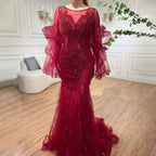 Vestido de noche estilo sirena con mangas largas y pétalos dorados, 2025, de lujo, con lentejuelas brillantes y cuentas, vestido formal sexy LA70410 
