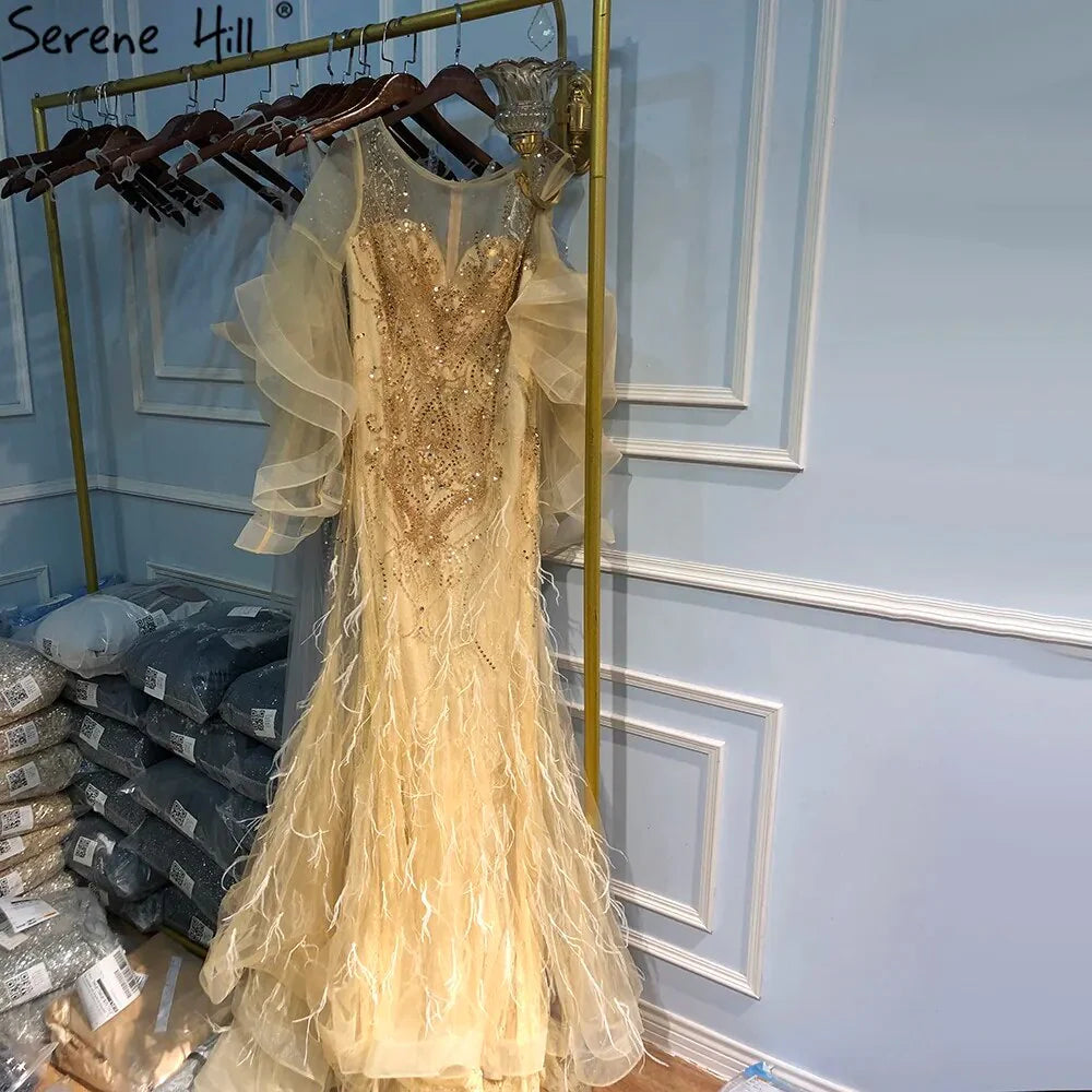 Vestido de noche estilo sirena con mangas largas y pétalos dorados, 2025, de lujo, con lentejuelas brillantes y cuentas, vestido formal sexy LA70410 