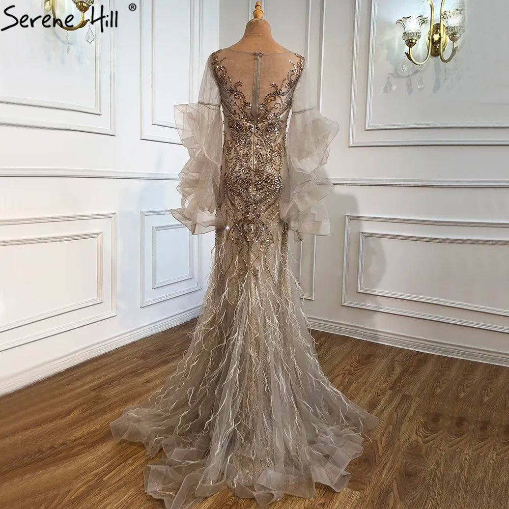 Vestido de noche estilo sirena con mangas largas y pétalos dorados, 2025, de lujo, con lentejuelas brillantes y cuentas, vestido formal sexy LA70410 