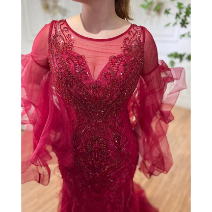 Gold Blütenblatt Langarm Meerjungfrau Abendkleider 2025 Luxus Sparkl Pailletten Perlen Sexy Formale Kleid LA70410 